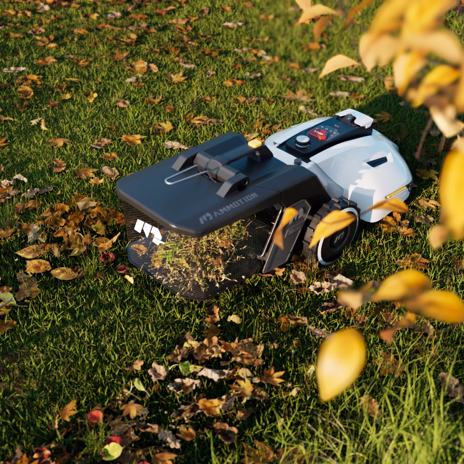 AI lawn mower with bagger sweeper